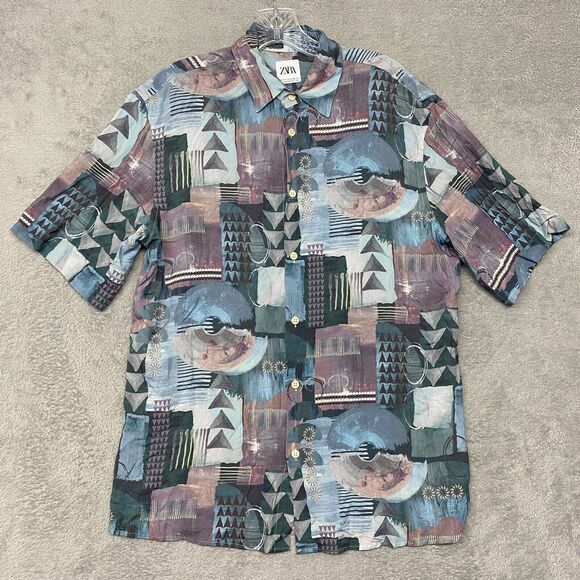Zara Shirt Mens Small Blue Button Up Hawaiian Short Sleeve Floral Viscose - Picture 1 of 7